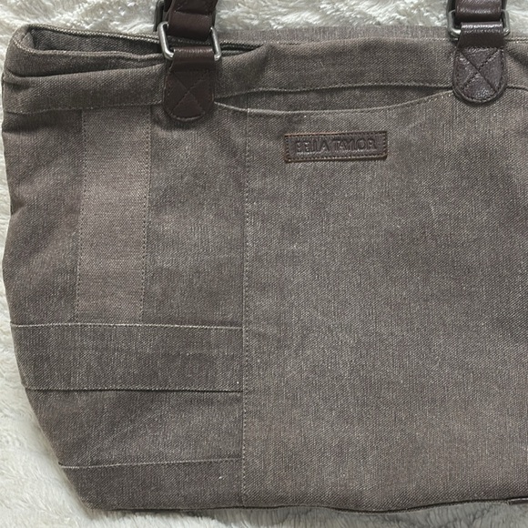 Super cute BELLA TAYLOR SHOULDER BAG, Gray Canvas, Leather Trim - Picture 6 of 11